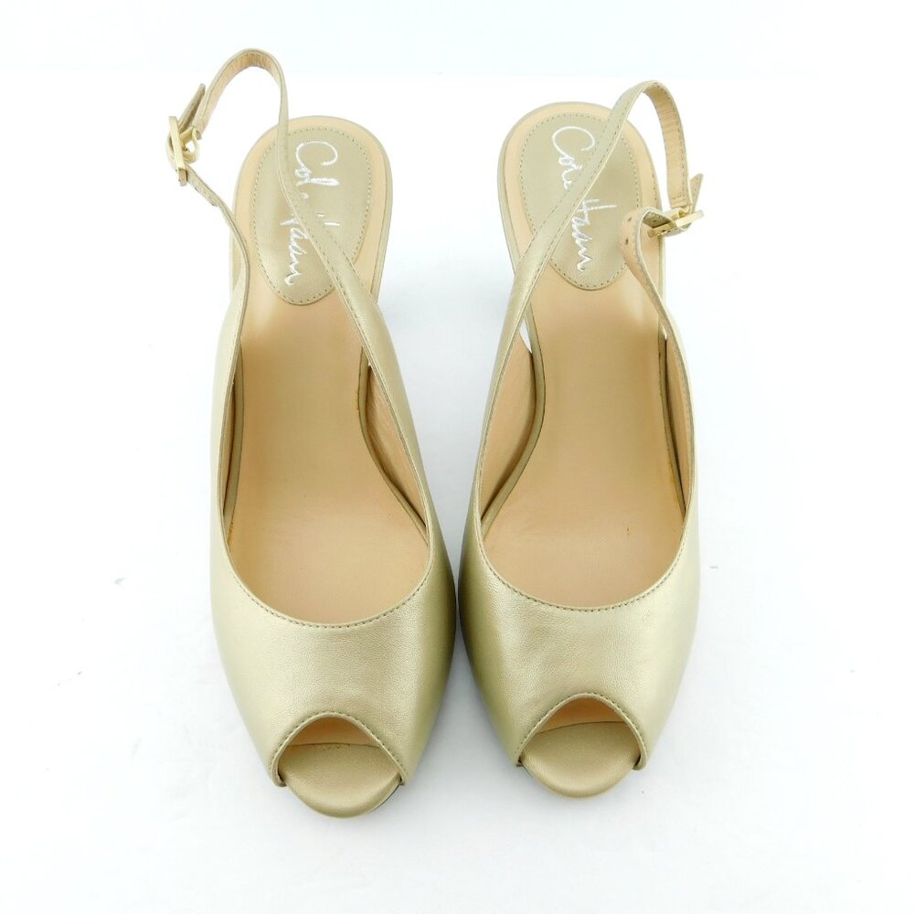 COLE HAAN Nike Air Shimmer Gold Metallic Leather Peep Toe Slingback Heel Pumps 7